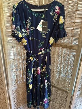 DKNY Navy Floral Tie-Waist Dress